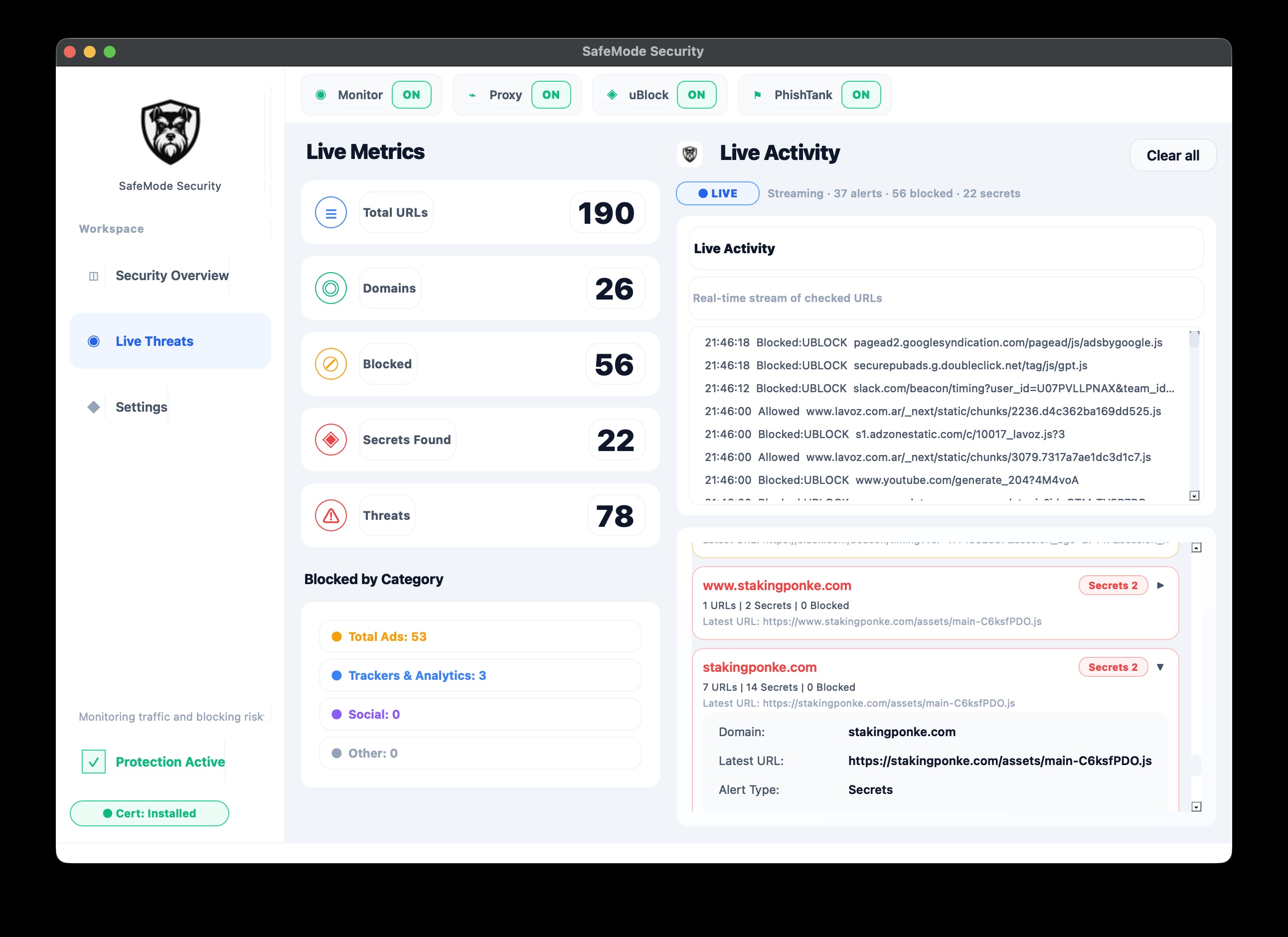 SafeMode vista Live Threats para operación diaria