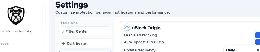 Settings header and top context