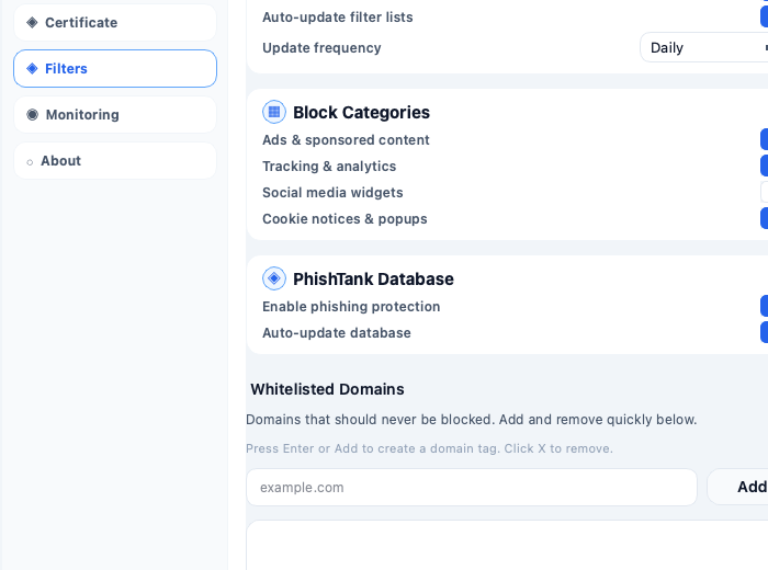 Settings security cards and filter controls
