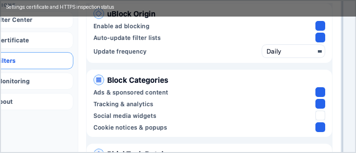 Certificate section in settings